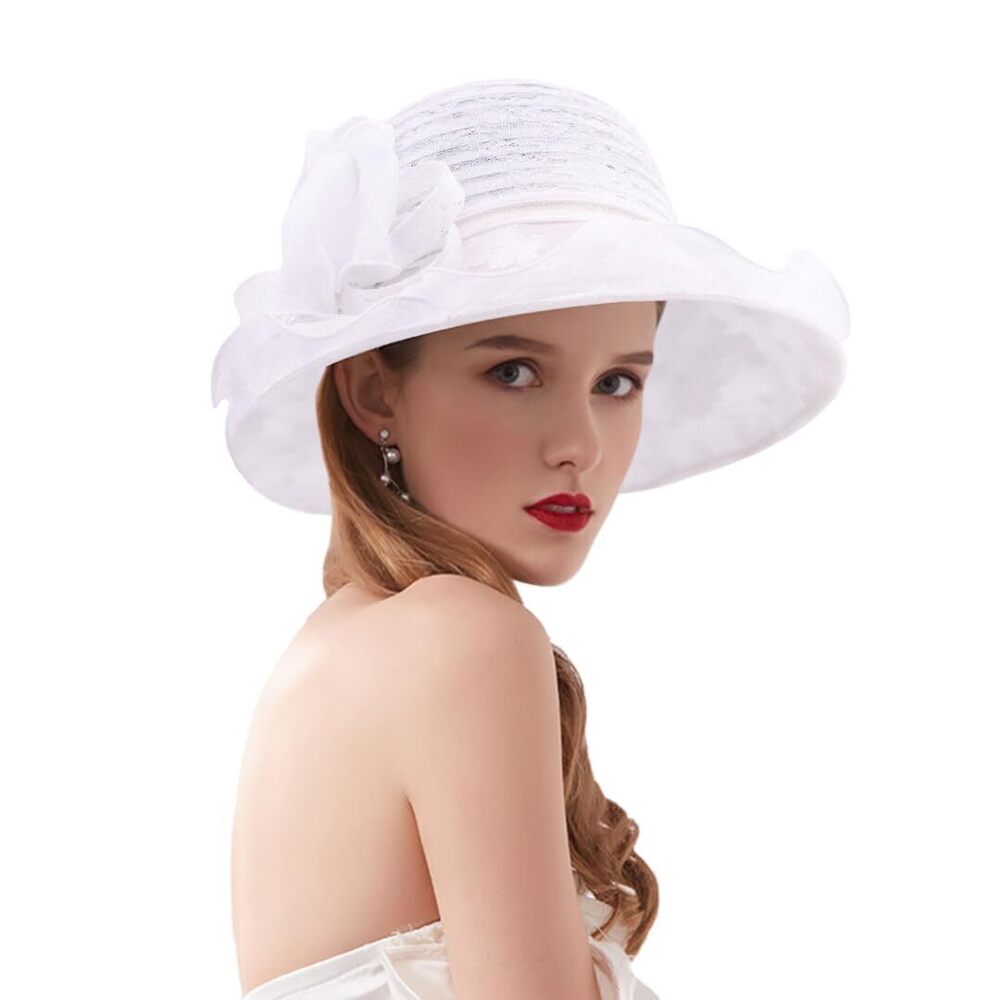 1814 Mesh Flowers Bow Sunhat Wide Brim Hats Church Dress Hat Fascinator